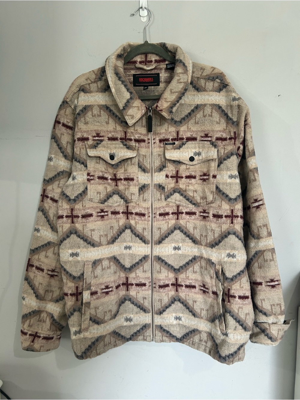 Rock & Roll Denim Beige Patterned Zip-Up Shirt Jacket